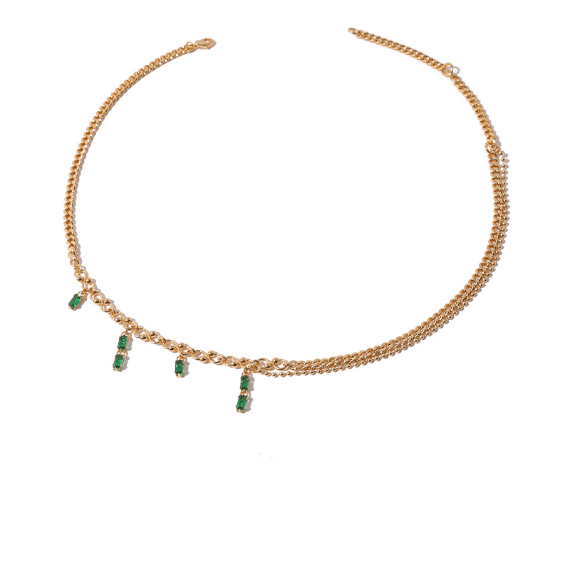 Emerald-Zircon Inlaid Layered Necklace - Sparkling Green Gemstone Pendant, Multi-Layered Design